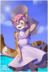  anthro avery_(roanoak) beach big_ears blush clothed clothing dress felid feline fur gamma052 girly hair hi_res inner_ear_fluff long_tail lynx male mammal pink_eyes pink_hair seaside smile solo spots sundress tan_body tan_fur tuft white_body white_fur 