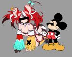  1boy 1girl all_fours animal_ears breasts censored disney hakos_baelz highres hololive hololive_english identity_censor leash long_hair medium_breasts mickey_mouse mouse_ears mouse_tail peagade pet_play red_hair tail very_long_hair 