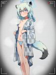  1girl animal_ears bath_yukata battery_indicator blue_archive blue_halo blue_panties blush breasts closed_mouth feet_out_of_frame green_hair grey_kimono hair_between_eyes halo japanese_clothes kimono looking_at_viewer medium_hair navel nipples official_alternate_costume panties purple_eyes recording shigure_(blue_archive) shigure_(hot_spring)_(blue_archive) small_breasts solo special_cat tail underwear weasel_ears weasel_tail yukata 