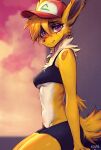 anthro band-aid band-aid_on_face band-aid_on_nose bandage blonde_hair bottomwear bra breasts clothing eeveelution female fur generation_1_pokemon gym_bottomwear gym_clothing gym_shorts hair hat headgear headwear hi_res jolteon kolae looking_at_viewer midriff nintendo pokemon pokemon_(species) purple_eyes shorts sitting skinny solo sports_bra tomboy underwear yellow_body yellow_fur