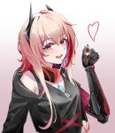  19956802168 1girl absurdres bangs black_jacket black_shirt blood blood_on_arm blush breasts chinese_commentary girls&#039;_frontline headset heart highres holding_eye horns jacket long_hair looking_at_viewer m4_sopmod_ii_(girls&#039;_frontline) mechanical_arms mechanical_horns medium_breasts multicolored_hair open_clothes open_jacket open_mouth pink_hair red_eyes shirt simple_background single_mechanical_arm smile solo streaked_hair teeth upper_body upper_teeth 