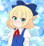  1girl blue_background blue_bow blue_dress blue_wings blush bow cirno cirno_(cosplay) closed_mouth collared_shirt commentary_request cosplay dress gochuumon_wa_usagi_desu_ka? green_eyes hair_bow hand_up ice ice_wings kirima_syaro looking_at_viewer mitya neck_ribbon ponytail puffy_short_sleeves puffy_sleeves red_ribbon ribbon shirt short_sleeves sleeveless sleeveless_dress snowflakes solo sweat touhou twitter_username wavy_mouth white_shirt wings 