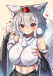  1girl animal_ears bangs bare_shoulders black_skirt breasts cleavage closed_mouth heart inubashiri_momiji navel onomiya red_eyes shirt short_hair simple_background skirt sleeveless sleeveless_shirt smile solo tail touhou white_hair white_shirt white_sleeves wolf_ears wolf_girl wolf_tail yellow_background 