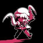  1girl arthropod_girl ascot closed_mouth commentary_request cookie_(touhou) expressionless full_body hair_between_eyes hat high_contrast highres hisaka_(cookie) looking_at_viewer mantis_girl medium_bangs mob_cap monochrome red_theme remilia_scarlet shirt short_hair short_sleeves skirt solo standing tonchamon_san touhou 