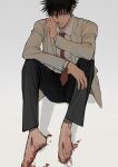  1boy absurdres bangs barefoot black_hair black_pants blood blood_on_feet closed_mouth collared_shirt eyelashes feet full_body fushiguro_megumi green_eyes hair_between_eyes highres jacket jujutsu_kaisen li_chestnuts long_sleeves looking_at_viewer male_focus necktie no_shoes nosebleed pants red_necktie school_uniform shirt short_hair simple_background sitting solo toenails toes white_shirt 