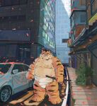 absurd_res asian_clothing belly building car clothing east_asian_clothing eyewear felid glasses hi_res japanese_clothing male mammal mawashi moobs nipples outside overweight overweight_male pantherine solo sumo sumo_wrestler tiger tuokemao vehicle weapon