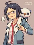  ... 1boy ahoge black-framed_eyewear black_hair blue_eyes blush cheren_(pokemon) glasses jacket long_sleeves male_focus numae_kaeru open_clothes open_jacket open_mouth oshawott pokemon pokemon_(creature) pokemon_bw pokemon_on_back shirt short_hair spoken_ellipsis sweatdrop white_shirt 