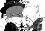  1boy 1girl after_kiss animal_ear_fluff animal_ears blush brother_and_sister cat_ears cat_girl english_text facial_mark finger_in_another&#039;s_mouth genshin_impact greyscale hat hetero highres incest long_hair looking_at_viewer lynette_(genshin_impact) lyney_(genshin_impact) monochrome nyantcha saliva saliva_trail siblings star_(symbol) star_facial_mark top_hat 