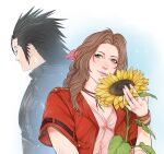  1boy 1girl aerith_gainsborough armor bangle black_hair bracelet breasts brown_hair choker cleavage closed_mouth crisis_core_final_fantasy_vii crylin6 earrings final_fantasy final_fantasy_vii final_fantasy_vii_rebirth final_fantasy_vii_remake flower green_eyes hair_ribbon highres holding holding_flower jacket jewelry light_blush lips long_hair open_clothes open_jacket parted_bangs pink_ribbon red_jacket ribbon short_sleeves shoulder_armor sleeveless sleeveless_turtleneck small_breasts smile spiked_hair stud_earrings sunflower suspenders sweater turtleneck turtleneck_sweater upper_body zack_fair 