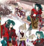  2boys archer_(fate/samurai_remnant) brendas46157301 chinese_clothes chinese_hairpin choko_(cup) closed_eyes crossed_arms cup dizi fate/samurai_remnant fate_(series) flute green_hair green_sash grey_hair hair_tubes hanfu high_ponytail highres holding holding_cup holding_flute holding_instrument holding_paper instrument long_hair long_sleeves looking_at_another looking_up multicolored_hair multiple_boys multiple_views omikuji open_mouth paper plate playing_flute purple_ribbon red_eyes ribbon sash sitting smile sweatdrop table tassel teeth transverse_flute tree upper_teeth_only wide_sleeves yellow_eyes zheng_chenggong_(fate) 