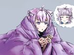  1girl animal_ears blanket cat_ears cat_girl hair_ornament hairpin highres hololive liamickpie medium_hair nekomata_okayu purple_eyes purple_hair solo thought_bubble 