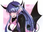  1girl aoba_(smartbeat) bangs blue_eyes breasts cleavage demon_girl demon_horns demon_tail demon_wings earrings fate/grand_order fate_(series) highres horns jewelry large_breasts long_hair long_sleeves looking_at_viewer martha_(fate) open_mouth pointy_ears purple_hair solo tail wings 