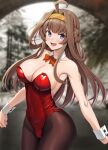  1girl :d ahoge armpit_crease bare_shoulders blurry blurry_background braid braided_bun breasts cameltoe commentary covered_navel detached_collar fang hair_bun hair_intakes hairband highres ichikawa_feesu kantai_collection kongou_(kancolle) large_breasts leotard light_brown_hair long_hair looking_at_viewer open_mouth pantyhose photo_background purple_eyes red_leotard sidelocks smile solo strapless strapless_leotard symbol-only_commentary textless_version wrist_cuffs yellow_hairband 
