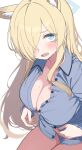  1girl absurdres animal_ears blonde_hair blue_archive blue_eyes blue_halo blue_shirt blush bottomless breasts buttons cleavage collared_shirt cowboy_shot extra_ears hair_over_one_eye halo highres hiroikara_(smhong04) kanna_(blue_archive) large_breasts long_hair looking_at_viewer open_mouth partially_unbuttoned sharp_teeth shirt simple_background solo teeth thighs white_background 