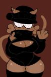 4_fingers anthro beanie big_breasts black_clothing black_hat black_headwear black_legwear black_sweater black_thigh_highs black_topwear breasts brown_background brown_body brown_fur brown_hair cleavage cleavage_cutout clothed clothing curled_hair digital_media_(artwork) domestic_cat ear_piercing ear_ring eyelashes felid feline felis female fingers front_view fully_clothed fur hair hat headgear headwear hi_res legwear mammal piercing portrait raised_tail reese_(probablydemo) ring_piercing simple_background slightly_chubby solo spiral_eyes squish sticky_figure sweater tail thick_thighs thigh_highs thigh_squish three-quarter_portrait topwear wide_hips