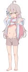  1girl absurdres ahoge bare_legs barefoot blush bottle brown_eyes clothes_lift colored_inner_hair dot_nose full_body genderswap genderswap_(mtf) grey_hair hair_between_eyes half-closed_eyes highres holding holding_bottle lifted_by_self long_hair looking_to_the_side multicolored_hair navel onii-chan_wa_oshimai! open_mouth oyama_mahiro panties pink_hair pink_panties s10021 shirt shirt_lift shorts simple_background solo standing sweat underwear water_bottle white_background white_shirt 