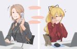  2girls black_bow blonde_hair blush bow breasts brown_hair cellphone chair collarbone corded_phone couple granblue_fantasy grey_shirt hair_bow high_ponytail highres holding holding_phone indoors katalina_(granblue_fantasy) long_hair medium_breasts miso-ha_(ukyuu) multiple_girls office_chair open_mouth phone ponytail red_eyes red_sleeves shirt smartphone smile speech_bubble straight_hair swivel_chair talking talking_on_phone vira_(granblue_fantasy) yuri 