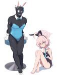  1boy 1girl absurdres ahoge animal_ears ass asuna_(blue_archive) asuna_(blue_archive)_(cosplay) asuna_(bunny)_(blue_archive) barefoot black_gloves black_leotard black_skin black_suit_(blue_archive) blue_archive blue_eyes blue_leotard blue_necktie blush breasts chair clenched_teeth colored_skin cosplay detached_collar fake_animal_ears fake_tail fingerless_gloves gloves hair_between_eyes halo heterochromia highres hoshino_(blue_archive) hoshino_(young)_(blue_archive) korean_commentary leotard necktie pink_hair pink_halo rabbit_ears rabbit_tail rodeong_r short_hair simple_background sitting small_breasts strapless strapless_leotard tail teeth toes white_background white_gloves wrist_cuffs yellow_eyes 