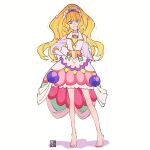  1girl aoi_tete artist_logo barefoot blonde_hair blue_eyes blunt_bangs bridal_gauntlets brooch candy candy_hair_ornament choker closed_mouth clothing_cutout cure_finale delicious_party_precure dress food food-themed_hair_ornament full_body hair_ornament hand_on_own_hip heart heart_brooch highres jewelry kasai_amane konpeitou long_hair long_sleeves looking_at_viewer medium_dress multicolored_clothes multicolored_dress precure shadow shoulder_cutout simple_background smile solo standing tiara white_background white_choker wide_ponytail 