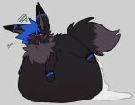 2024 ambiguous_gender belly big_belly black_body black_fur blue_hair blush blush_lines bodily_fluids cum cum_ballooning cum_inflation cum_inside drooling eevee excessive_cum excessive_genital_fluids feral fur generation_1_pokemon genital_fluids hair hi_res huge_belly hyper_inflation inflation leaking_cum nintendo pokemon pokemon_(species) purple_eyes saliva solo transtorracat volt_(transtorracat)