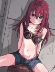  1girl ahoge asymmetrical_hair blue_eyes blue_shorts braid burn_scar closed_mouth collarbone goggles_around_breasts groin hair_between_eyes highres jaggy_lines kazuuchi_ataru light_blush long_hair looking_at_viewer navel open_fly red_hair scar scar_on_chest shinsougumi short_shorts shorts side_braid single_strap sitting solo stomach tamaya 