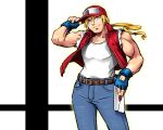  1boy adjusting_clothes adjusting_headwear belt blonde_hair blue_eyes blue_gloves boneta brown_belt denim envelope fatal_fury fingerless_gloves gloves hat highres holding holding_envelope jeans male_focus pants ponytail red_headwear red_vest shirt simple_background smile solo standing super_smash_bros. terry_bogard toned toned_male vest white_background white_shirt 