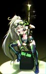  1girl absurdres aek-999_(girls&#039;_frontline) bad_gun_anatomy bandaid bandaid_on_face black_gloves black_thighhighs boots character_name chromatic_aberration girls&#039;_frontline gloves goggles goggles_on_head green_gloves grey_hair gun highleg highleg_panties highres long_hair looking_at_viewer machine_gun navel_piercing orange_hair panties piercing ponytail ryuu_tou sitting skirt smile solo teeth thighhighs tongue tongue_out two-tone_gloves underwear upper_teeth_only weapon 