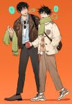  2boys ? anger_vein argyle argyle_sweater bag bangs black_hair black_pants brown_footwear brown_pants coffee_mug cup eyewear_around_neck father_and_son full_body fur-trimmed_jacket fur_trim fushiguro_megumi fushiguro_touji green_eyes green_scarf hair_between_eyes highres holding holding_clothes holding_scarf jacket jujutsu_kaisen leather leather_jacket li_chestnuts looking_at_another male_focus mug multiple_boys open_clothes open_jacket open_mouth orange_background pants scar scar_on_face scar_on_mouth scarf shirt shoes short_hair simple_background sneakers socks spiked_hair spoken_anger_vein spoken_question_mark sweater symbol-only_commentary talking walking winter winter_clothes 