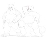 2024 anthro balls belly big_belly canid canine duo flaccid genitals hi_res male mammal moobs nipples overweight overweight_male penis purplenooki raccoon_dog simple_background small_penis tanuki white_background