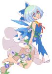  1girl absurdres bare_shoulders blue_bow blue_eyes blue_hair bow cirno detached_wings dress flower from_side full_body hair_between_eyes hair_bow head_tilt highres looking_at_viewer looking_to_the_side neck_ribbon no_shirt open_mouth pinafore_dress purple_flower red_ribbon ribbon shocho_(shaojiujiu) sleeveless sleeveless_dress solo tanned_cirno touhou wings 