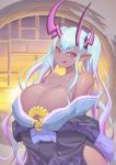  1girl absurdres aqua_hair bare_shoulders black_kimono blue_kimono blush breasts cleavage collarbone colored_skin eyeliner fate/grand_order fate_(series) grey_skin hair_between_eyes highres horns huge_breasts ibuki_douji_(fate) itsuya_(me22805012062) japanese_clothes kimono layered_clothes layered_kimono licking_lips long_hair long_sleeves looking_at_viewer makeup multicolored_hair off_shoulder oni pink_hair pointy_ears red_eyes sidelocks smile solo tongue tongue_out twintails 