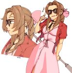  1girl 3amsoda aerith_gainsborough artist_name bow braid braided_ponytail breasts brown_hair cleavage cropped_jacket dress final_fantasy final_fantasy_vii final_fantasy_vii_rebirth final_fantasy_vii_remake green_eyes hair_bow highres jacket long_hair multiple_views open_clothes open_jacket pink_bow pink_dress pink_lips ponytail red_jacket short_sleeves smile sunglasses white_background 