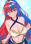  1girl absurdres alear_(female)_(fire_emblem) alear_(fire_emblem) bare_shoulders blue_eyes blue_hair blush breasts cleavage closed_mouth criss-cross_halter crossed_bangs fire_emblem fire_emblem_engage hair_between_eyes halterneck heterochromia highres large_breasts long_hair looking_at_viewer multicolored_hair navel official_alternate_costume red_eyes red_hair smile solo split-color_hair swimsuit tiara two-tone_hair very_long_hair yuka7eile 