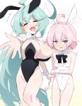  2girls ahoge animal_ears aqua_hair averting_eyes bare_shoulders black_leotard blue_archive blue_eyes blush breasts closed_mouth commentary cowboy_shot detached_collar donutman embarrassed facing_viewer fake_animal_ears fang foreshortening heterochromia highleg highleg_leotard highres holding_another&#039;s_wrist hoshino_(blue_archive) hoshino_(young)_(blue_archive) huge_breasts leotard long_hair multiple_girls open_mouth outstretched_arm oversized_breast_cup paid_reward_available pink_hair playboy_bunny rabbit_ears reaching reaching_towards_viewer short_hair simple_background smile strapless strapless_leotard symbol-only_commentary undersized_breast_cup v-shaped_eyebrows very_long_hair white_background white_leotard wrist_cuffs yellow_eyes yume_(blue_archive) 