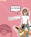  absurd_res anthro blue_eyes brown_body brown_hair clothing domestic_cat duo eevee felid feline felis female female/female feral firenox1559 flat_colors fluffy fluffy_tail gesture green_eyes hair heterochromia hi_res looking_at_another mammal nintendo orange_body pointing pointing_at_another pok&eacute;ball pok&eacute;mon pok&eacute;mon_(species) simple_background smile tiffany_bellic(firenox1559) tleatlnox59 video_games 