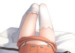  1girl female_pov highres hololive hololive_english knees_up lying midriff navel no_shoes on_back orange_shirt orange_skirt pov renpc shirt skirt solo takanashi_kiara thighhighs thighhighs_pull virtual_youtuber white_background white_thighhighs 