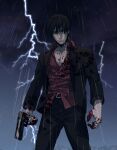  1boy absurdres ai_the_somnium_files bangs black_eyes black_hair black_jacket black_pants blood blood_on_clothes blood_on_face blood_on_hands closed_mouth collarbone collared_shirt cowboy_shot falco_(ai_the_somnium_files) gun hair_between_eyes handgun highres holding holding_gun holding_weapon jacket lightning long_sleeves male_focus outdoors pants parrots777 partially_unbuttoned rain red_shirt shirt short_hair solo standing weapon 