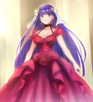 1girl absurdres aoba_(smartbeat) bangs bare_shoulders blue_eyes breasts cleavage collarbone dress earrings fate/grand_order fate_(series) flower hair_ribbon highres jewelry large_breasts long_hair looking_at_viewer martha_(fate) purple_hair red_dress ribbon smile solo 