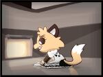 anthro appliance black_ears black_sclera canid canine cleaning clothed clothing day deadlycomics_(copyright) female floor fox fur inverted_eyes kitchen_appliance kneeling maid_uniform mammal orange_body orange_fur oven reflection sandals_(deadlycomics) sitting solo struggling tail uniform zexium