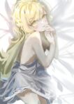  1girl armpit_crease blonde_hair blush dress flat_chest hands_on_own_face highres knees_out_of_frame long_eyelashes long_hair looking_at_viewer lying monogatari_(series) no_bra on_bed on_side open_mouth oshino_shinobu own_hands_together shinobusc2 shiny_skin solo swept_bangs yellow_eyes 