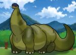 absurd_res after_transformation balls belly big_balls big_belly blue_hair blush brachiosaurid brachiosaurus buckteeth detailed_background dinosaur domino_goocat dominogooper eating feral genitals green_body hair hair_over_eyes hi_res huge_balls hyper hyper_balls hyper_genitalia long_neck macro male morbidly_obese obese outside overweight plant reptile sauropod scalie solo solo_focus tail teeth thick_tail tree
