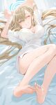  1girl ass asuna_(blue_archive) barefoot blue_archive blue_eyes blue_halo blush breasts commentary grin hair_over_one_eye halo haruri highres large_breasts light_brown_hair long_hair mole mole_under_eye romaji_commentary smile solo thighs toes 