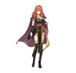  1girl absurdres alternate_costume armor armored_boots black_armor boots breastplate cape celica_(fire_emblem) celica_(warrior_princess)_(fire_emblem) celica_(warrior_princess)_(resplendent)_(fire_emblem) closed_mouth commentary_request dress feather_trim fingernails fire_emblem fire_emblem_echoes:_shadows_of_valentia fire_emblem_heroes full_body fur_trim gold_trim hand_on_own_chest hand_up highres kiyu_(zuyu) light_smile lips long_hair looking_at_viewer official_art pelvic_curtain red_eyes red_hair sheath sheathed shiny_skin short_dress shoulder_armor sleeveless standing sword thighhighs vambraces weapon white_background 