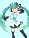  1girl ;d ahoge ajitarou_(setsu) bare_shoulders black_skirt black_sleeves black_thighhighs blush commentary_request detached_sleeves green_eyes green_hair green_necktie hair_ornament hatsune_miku headphones headset highres holding holding_microphone light_blue_background long_hair looking_at_viewer microphone necktie one_eye_closed open_mouth pleated_skirt shirt simple_background skirt sleeveless sleeveless_shirt smile solo teeth thighhighs twintails upper_teeth_only very_long_hair vocaloid white_shirt zettai_ryouiki 