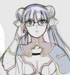  1girl aoba_(smartbeat) bangs blue_eyes breasts capelet center_opening cleavage double_bun fate/grand_order fate_(series) glasses hair_bun hair_ribbon large_breasts long_hair looking_at_viewer martha_(fate) purple_hair ribbon sketch solo twintails 