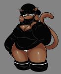 absurd_res anthro beanie belly big_breasts black_clothing black_hat black_headwear black_legwear black_sweater black_thigh_highs black_topwear breasts brown_body brown_fur brown_hair cleavage_cutout clothed clothing digital_media_(artwork) domestic_cat ear_piercing ear_ring eyelashes felid feline felis female fully_clothed fur grey_background hair hat headgear headwear hi_res legwear limeslemonades looking_at_viewer mammal panties piercing portrait raised_tail reese_(probablydemo) ring_piercing simple_background slightly_chubby solo spiral_eyes standing sweater tail thick_thighs thigh_highs three-quarter_portrait three-quarter_view topwear underwear white_clothing white_panties white_underwear wide_hips