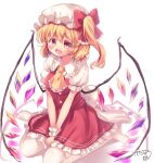  1girl ascot back_bow blonde_hair blush bow breasts buttons collared_shirt crystal fang flandre_scarlet frilled_ascot frilled_bow frilled_shirt_collar frilled_skirt frilled_sleeves frills full_body hat hat_bow kemo_chiharu large_bow medium_hair multicolored_wings no_shoes one_side_up open_mouth puffy_short_sleeves puffy_sleeves red_bow red_eyes shirt short_sleeves signature simple_background sitting skirt sleeve_ribbon small_breasts solo thighhighs touhou v_arms wariza white_background white_bow white_headwear white_shirt white_thighhighs wings wrist_cuffs yellow_ascot 