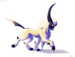  absol bright_pupils claws from_side highres likey no_humans pokemon pokemon_(creature) red_eyes signature solo standing white_background white_fur white_pupils 