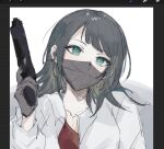  1girl art_program_in_frame bang_dream! bang_dream!_it&#039;s_mygo!!!!! black_hair blush chinese_commentary collared_shirt commentary_request earrings finger_on_trigger gloves green_eyes gun handgun highres holding holding_gun holding_weapon jewelry looking_at_viewer mask medium_hair mouth_mask pann_(1202zzzx00) procreate_(medium) shirt solo upper_body weapon white_shirt yahata_umiri 