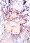  1girl bare_shoulders blush breasts character_request check_character cleavage closed_mouth demon_horns detached_sleeves dress drill_hair duel_monster garter_straps gloves hair_between_eyes hong_(white_spider) horns large_breasts leaning_forward long_hair long_sleeves looking_at_viewer pointy_ears purple_eyes purple_hair selettrice_vaalmonica slit_pupils smile solo thighhighs twin_drills twintails white_dress white_gloves white_thighhighs yu-gi-oh! 